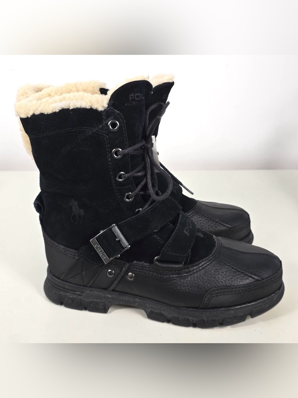 Polo Ralph Lauren Tavlin Rollover Boots Men’s Black Leather Shearling Winter 12
